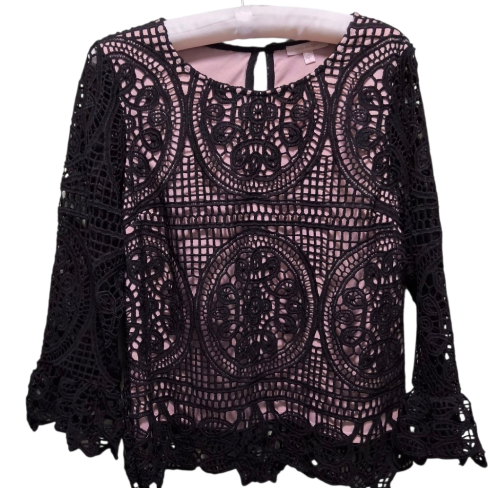 Skies are Blue Black Lace Long SLeeve Blouse with Blush Lining